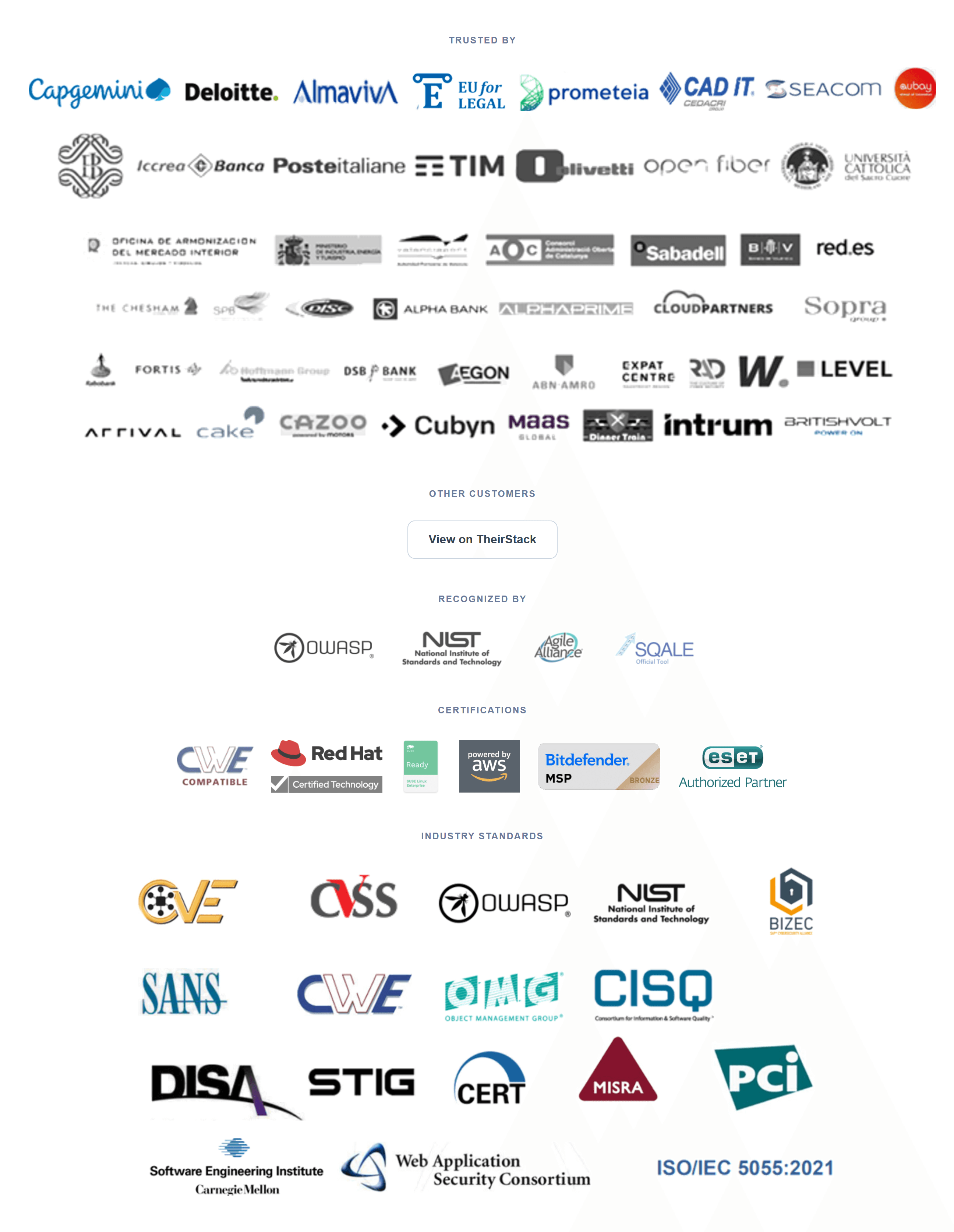 Trusted by leading system integrators, banks, telcos and public institutions. Recognized by OWASP, NIST, Agile Alliance and SQALE. Certifications: CWE Compatible, Red Hat Certified, SUSE Ready, Powered by AWS, Bitdefender MSP Bronze Partner, ESET Authorized Partner. Aligned with industry standards.